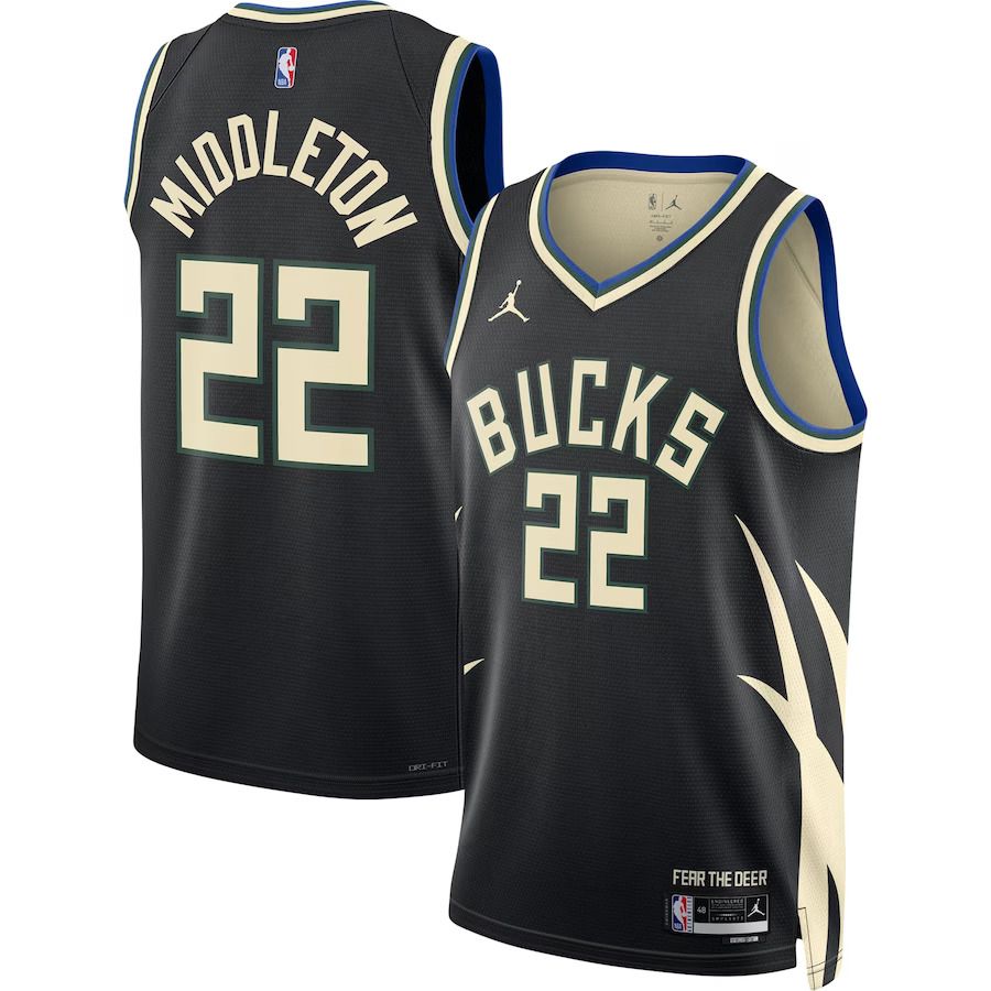 Men Milwaukee Bucks #22 Khris Middleton Jordan Brand Black 2022-23 Statement Edition Swingman NBA Jersey